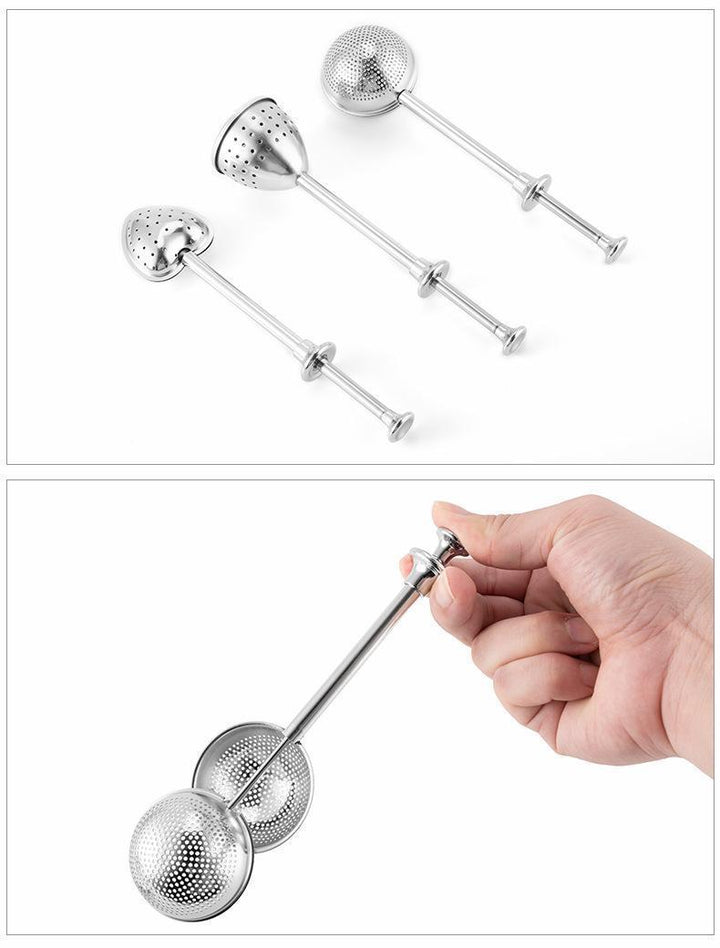 Infusore a spinta in acciaio inox con manico lungo, in tre forme: cuore, uovo e palla